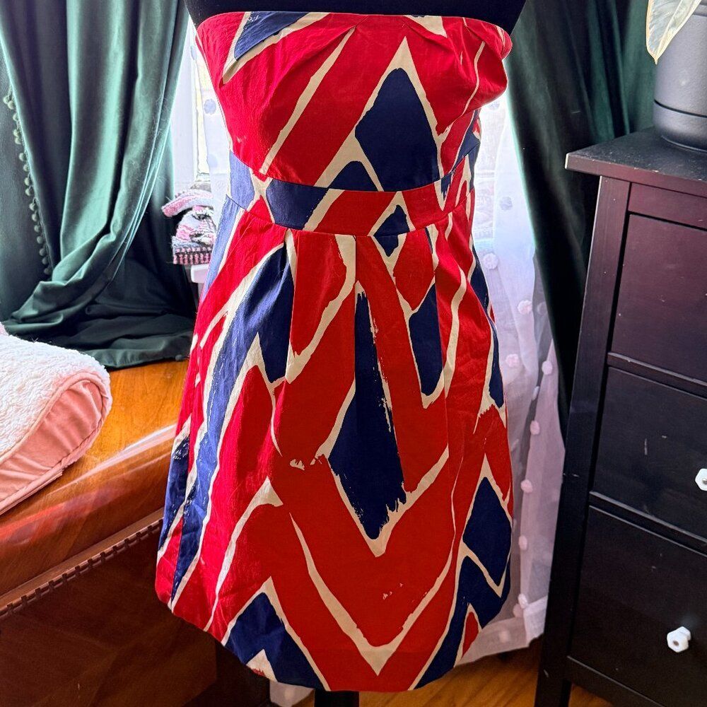 Anthropologie We Love Vera Dauntless Red & Blue Strapless Smocked Empire Size 0